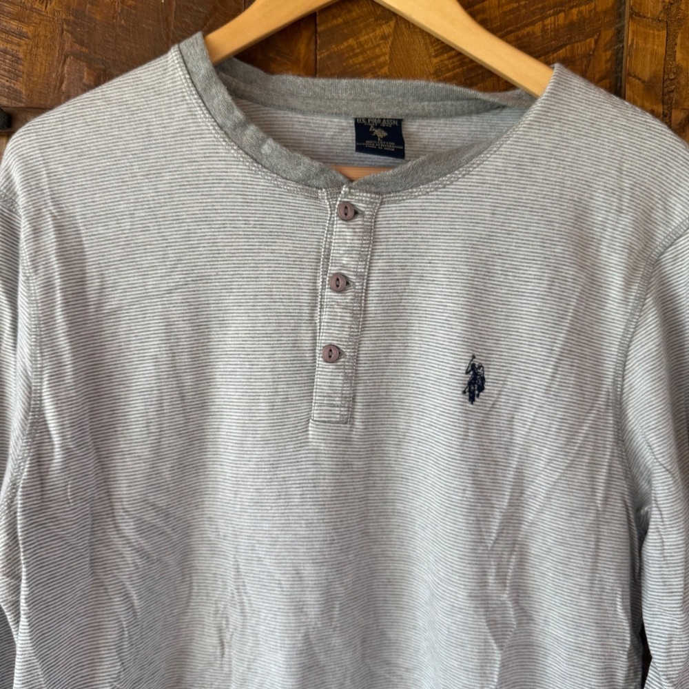 US Polo Assn Henley Shirt Mens L Gray Striped Long Sleeve Cotton Casual Top